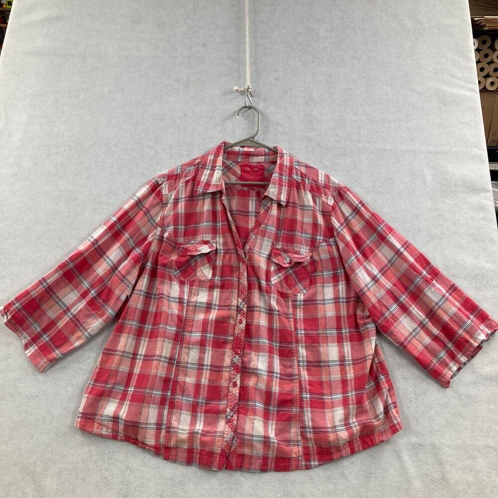 Cents of Style Women's 3/4 Sleeve Plaid Button-Down Shirt Top Red Pink Plus Size